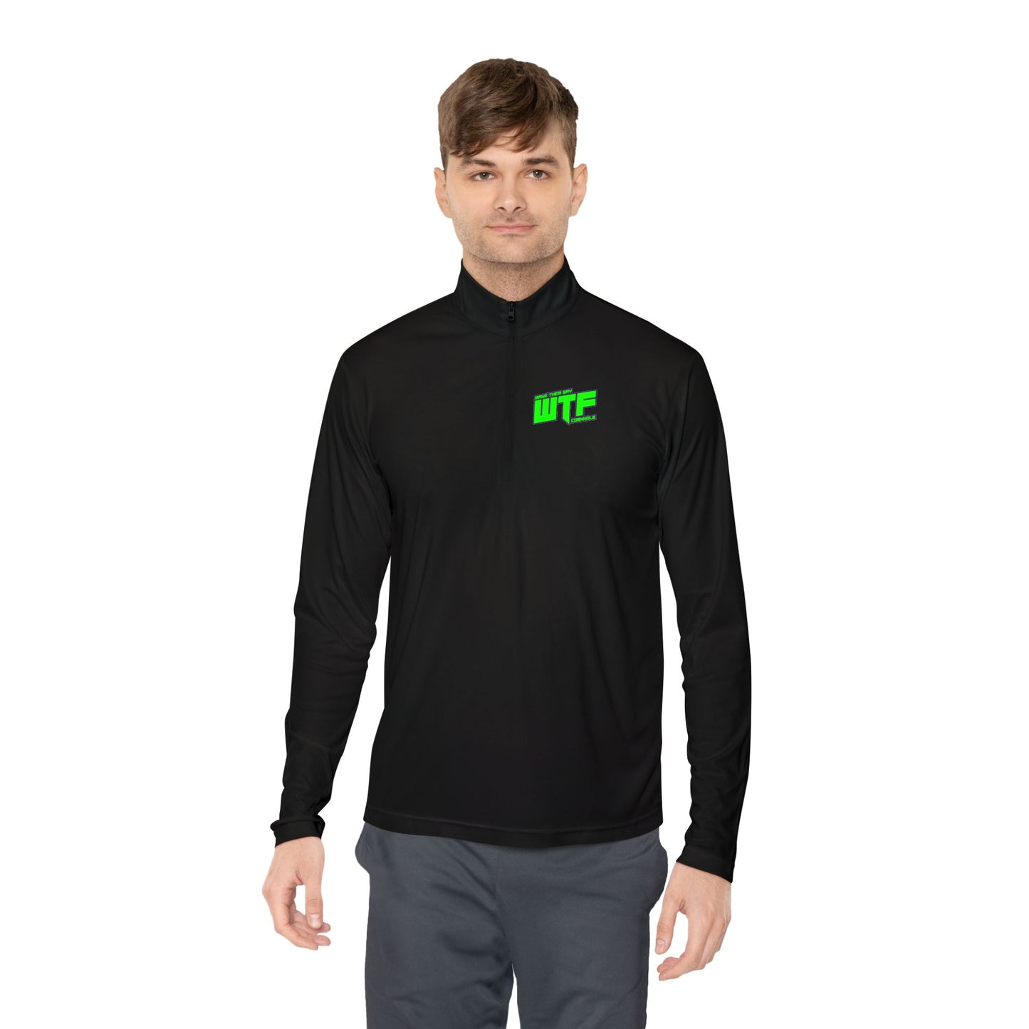 Quarter-Zip Pullover with Neon "WTF" Chest Graphic