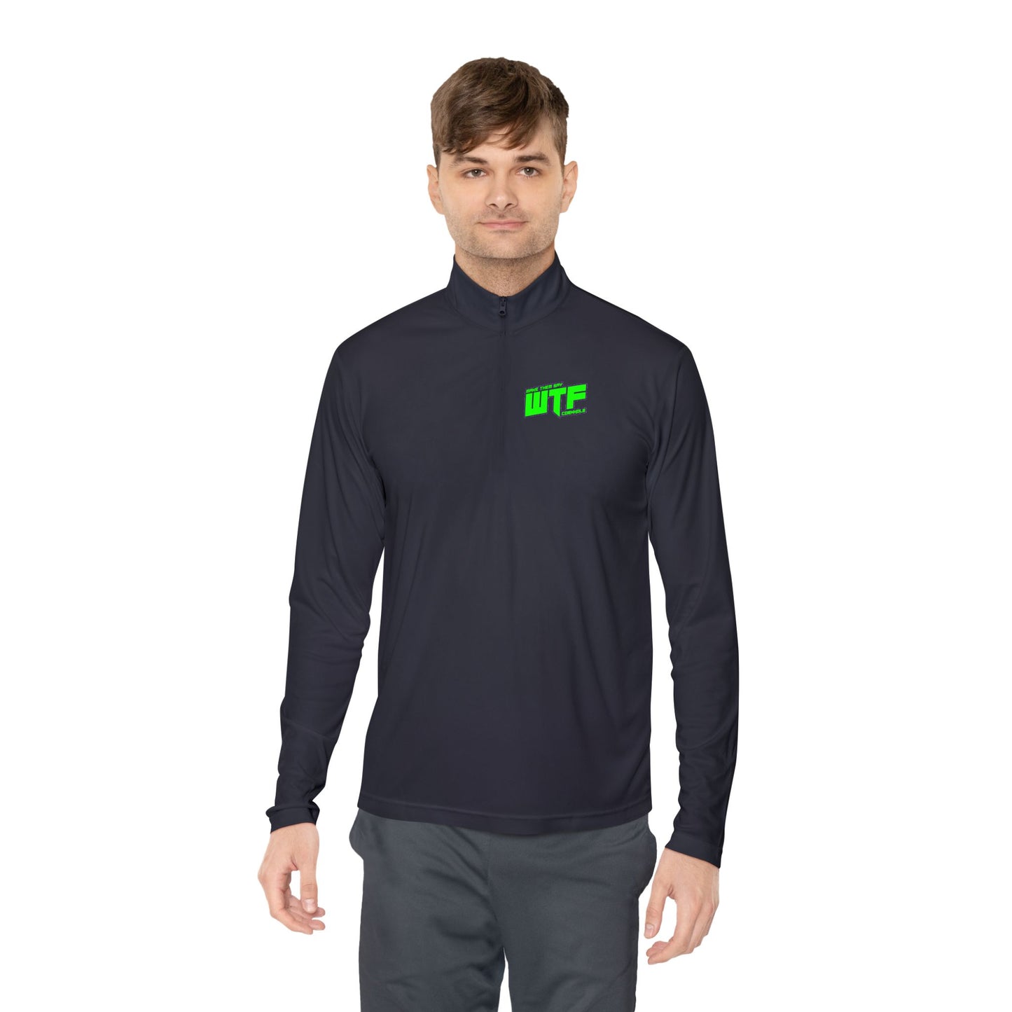 Quarter-Zip Pullover with Neon "WTF" Chest Graphic