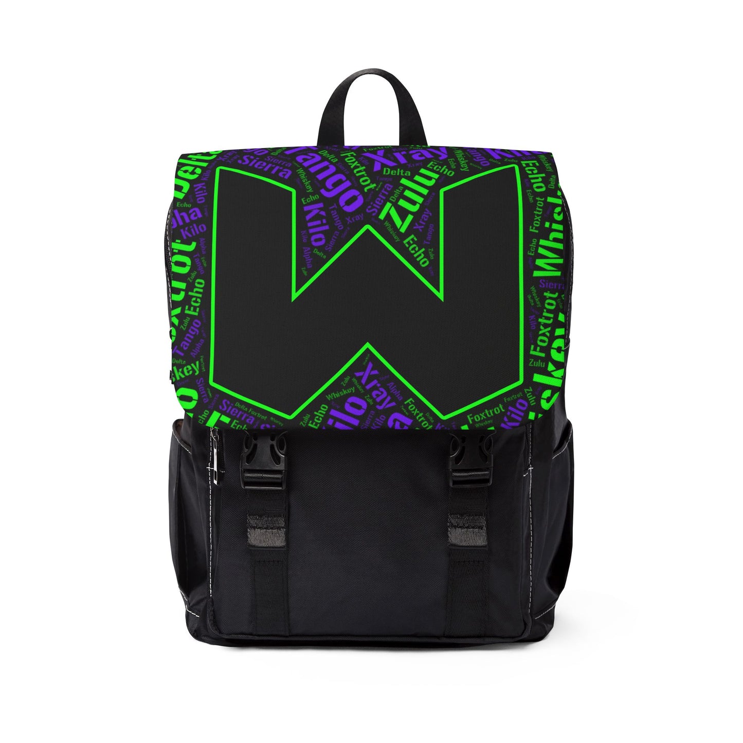 Backpack — Bold Green & Purple W Logo Casual Shoulder Backpack