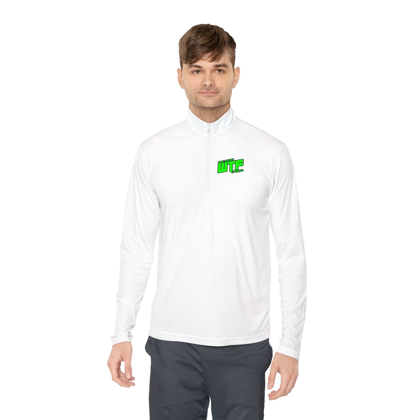 Quarter-Zip Pullover with Neon "WTF" Chest Graphic