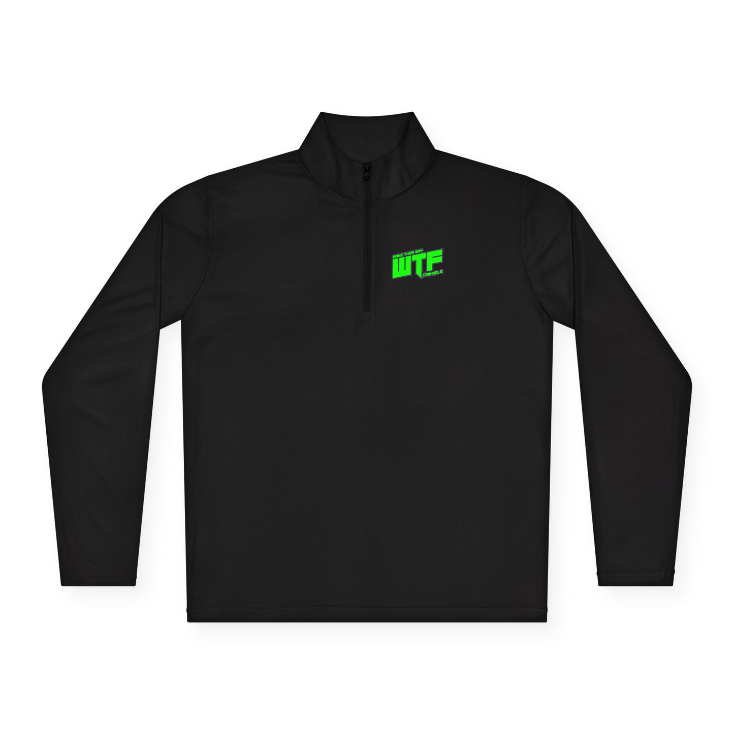 Quarter-Zip Pullover with Neon "WTF" Chest Graphic