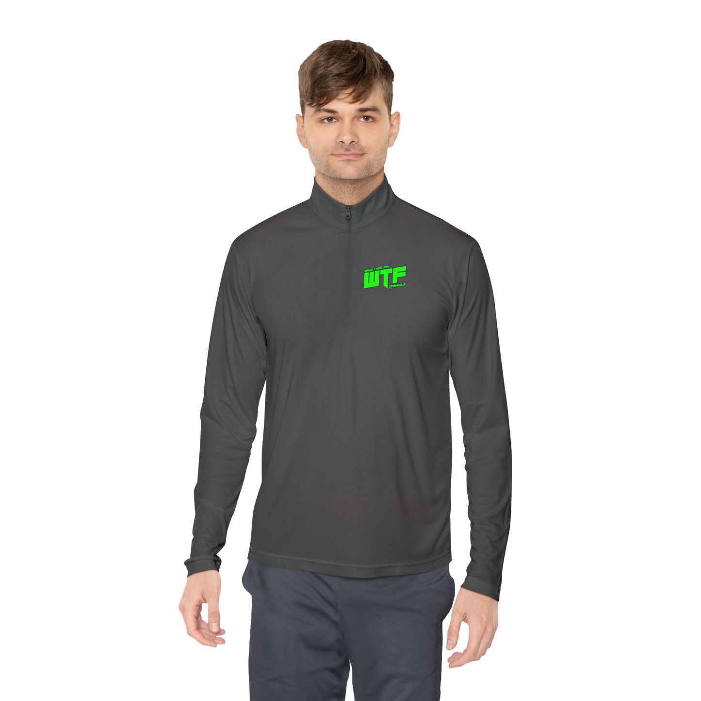 Quarter-Zip Pullover with Neon "WTF" Chest Graphic