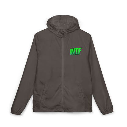 Windbreaker Jacket — Green "WTF" Retro Graphic Lightweight Hooded Windbreaker